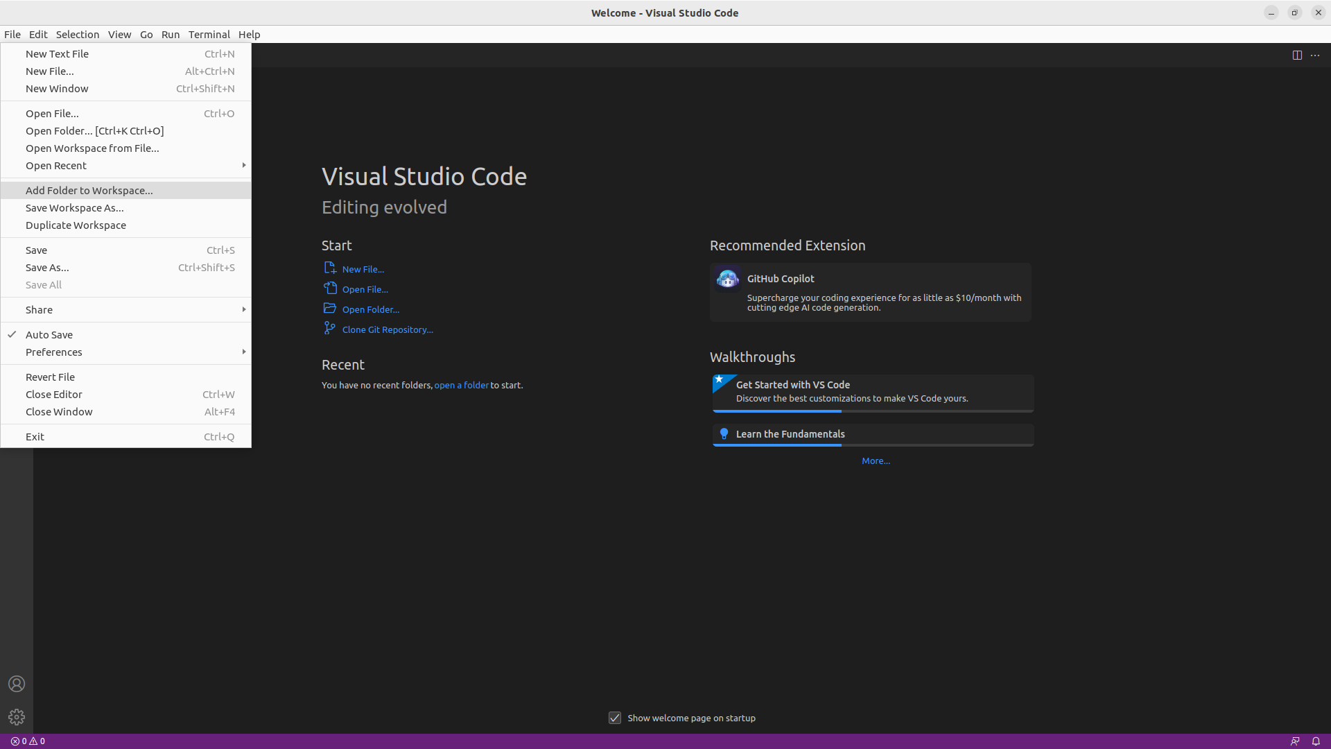 Navigate to `files->add folder to workspace`.