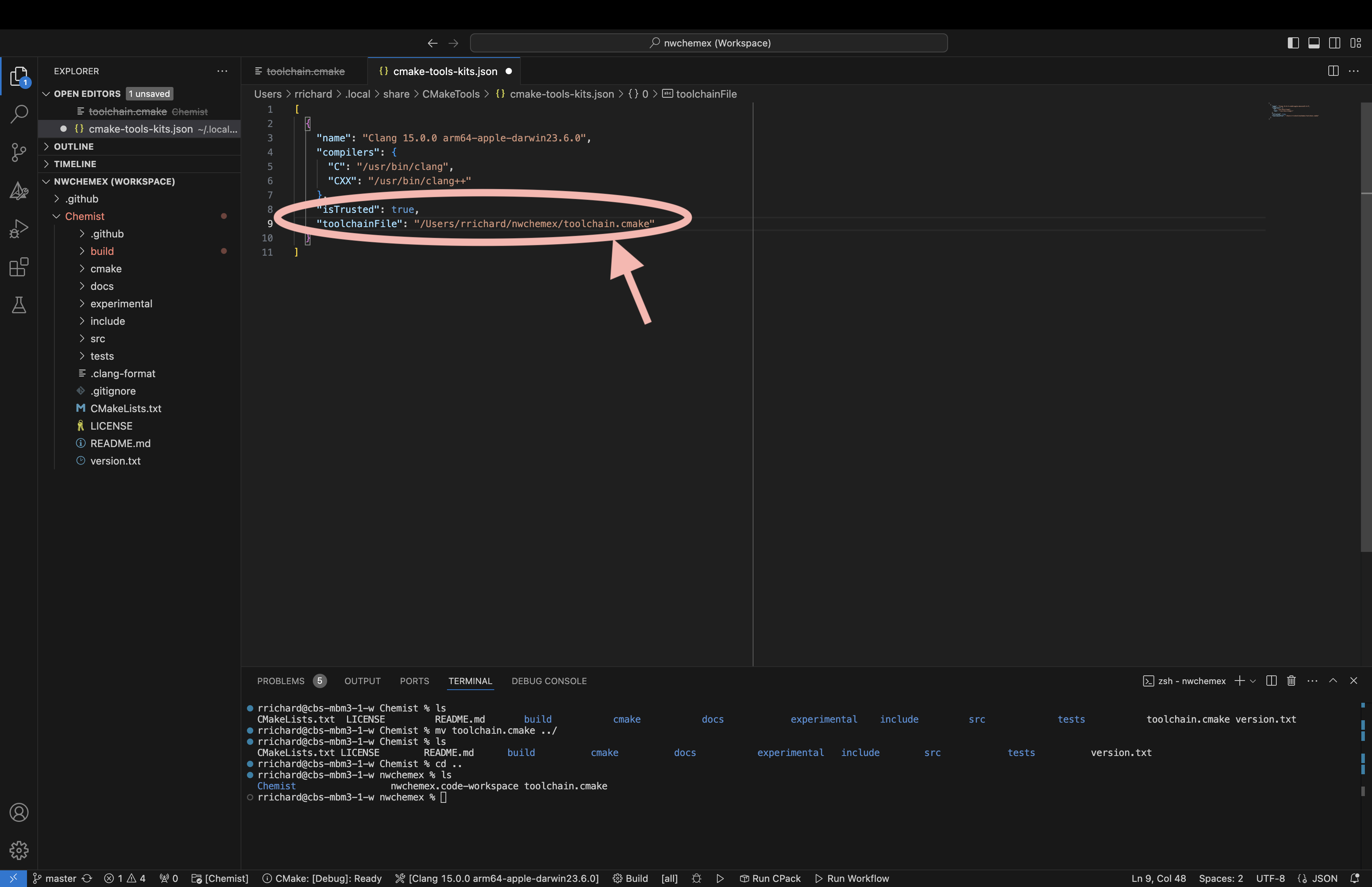 Step 4. If we want to always use the same toolchain file with the same toolkit, we can edit the kit to know about the toolchain file. Add `"toolchainFile": "<path/to/the/toolchain>"` to your kit.
