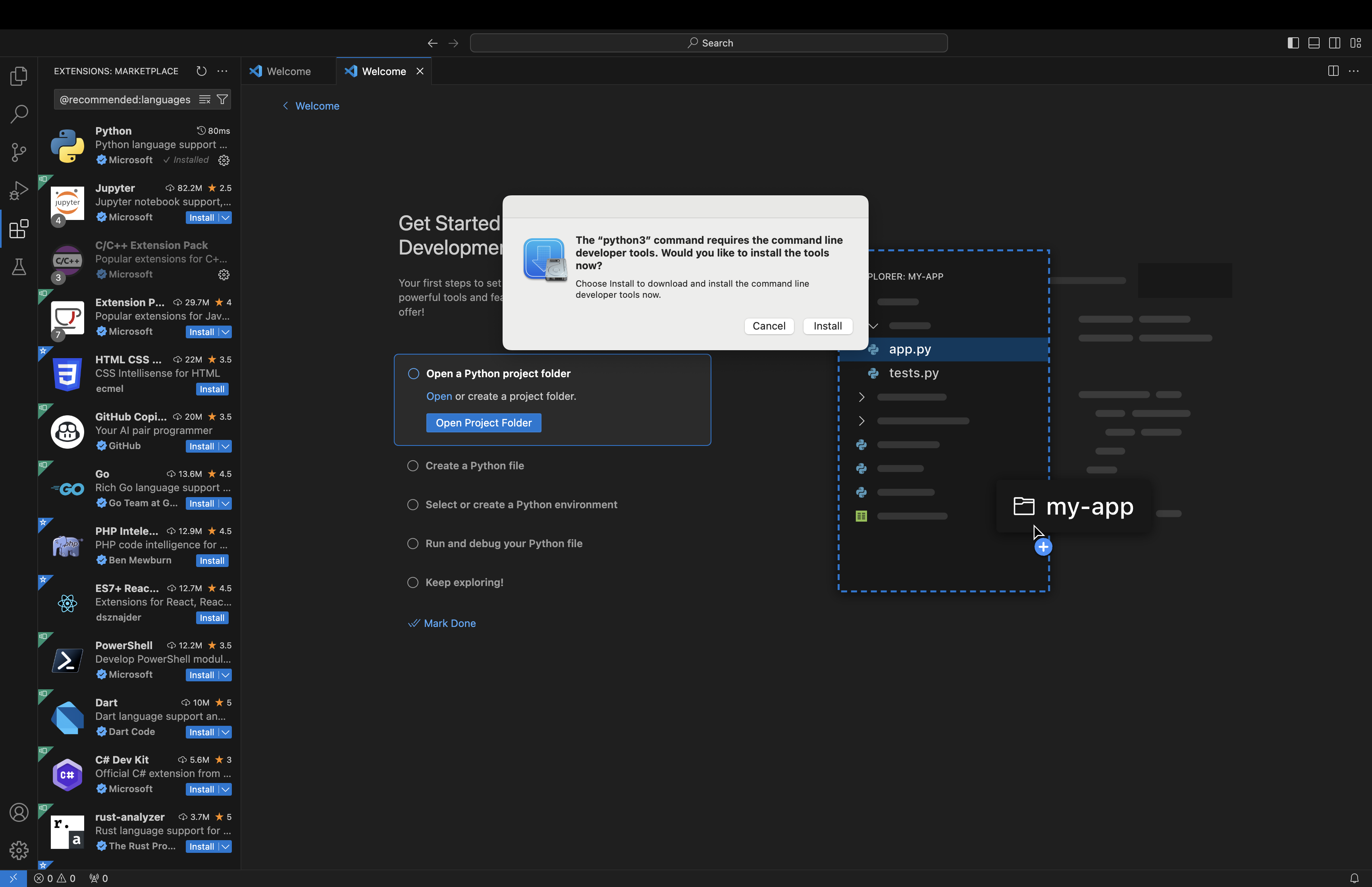If necessary, install command line developer tools to get access to Python.