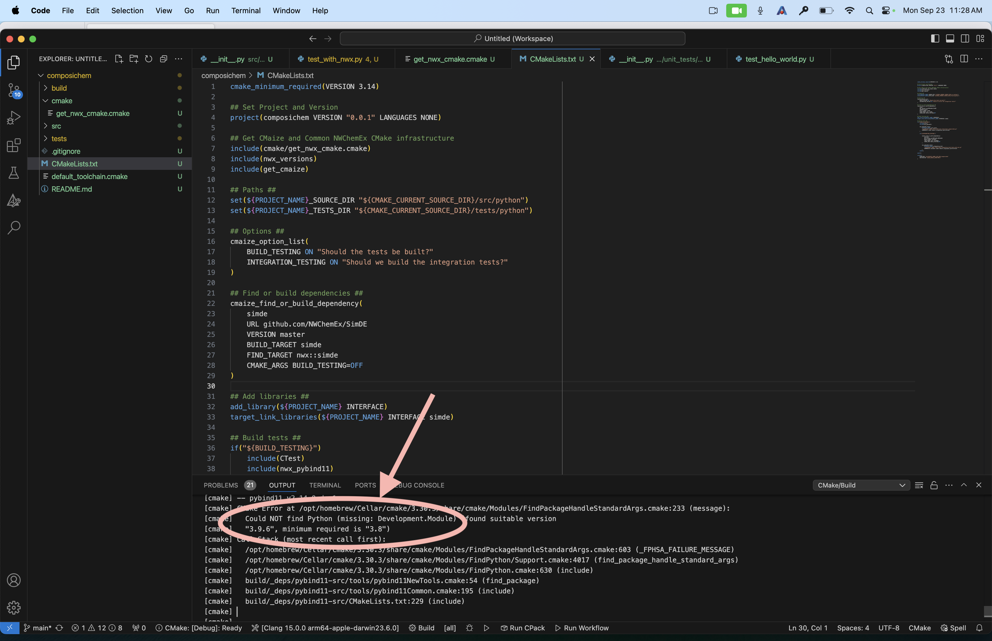 CMake could not locate the Python header files.