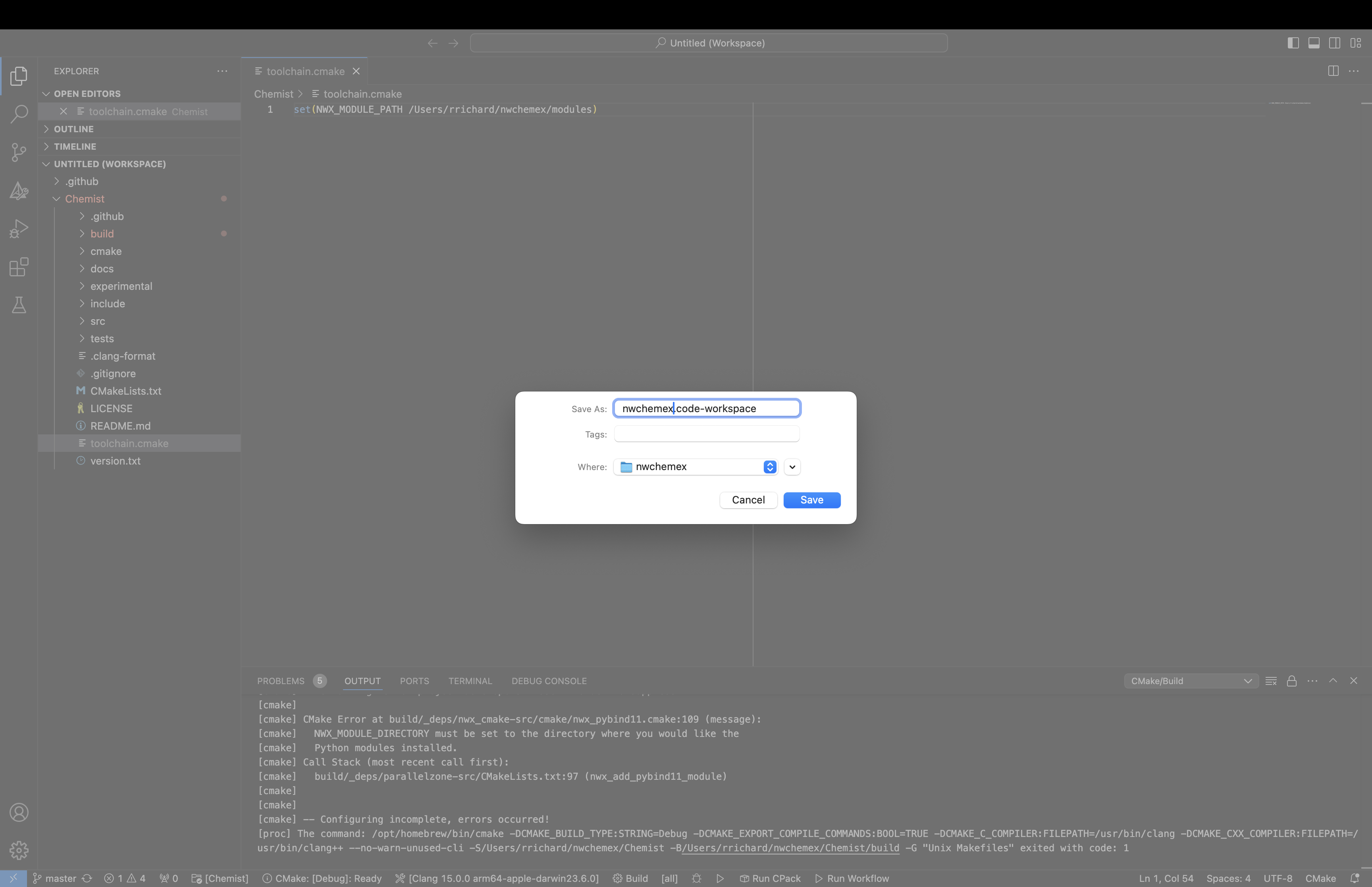 Step 11. Repeat Steps 9 and 10 until you have all the repositories you want. Once you are done save your workspace by going to `File->"Save Workspace As..."`. We recommend saving it into the `nwchemex` workspace directory and naming it as `nwchemex.code-workspace`.