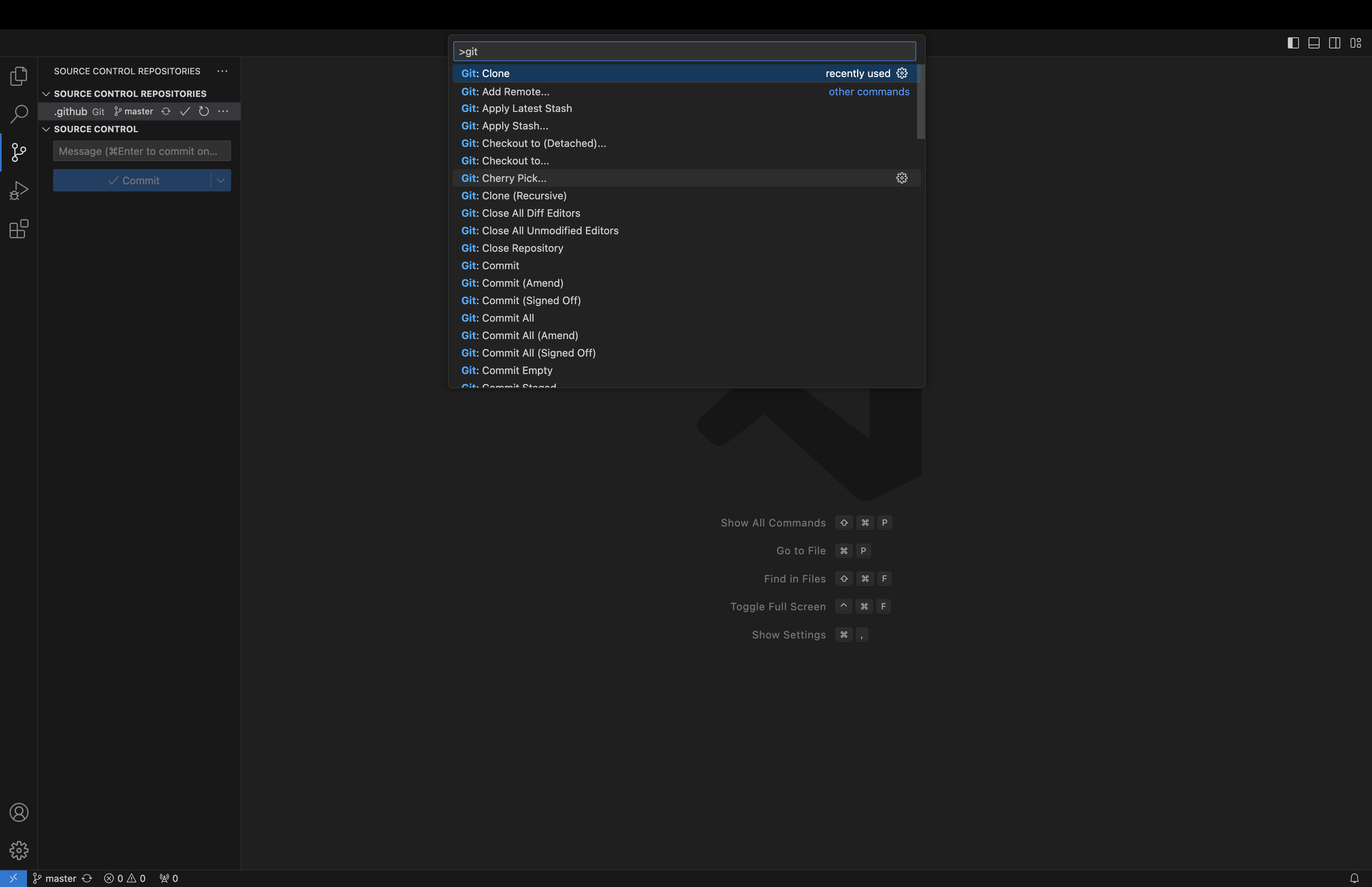 Step 9. Once there are files in your workspace the souce control view will change to allow you to interact with the version control of the open files. Unfortunately, this means we can not add additional repositories the same way we did in Step 2. Rather, you need to use the command palate (command + shift + P) then search `Git: Clone`. That will return you to Step 3 above, with the caveat that what was Step 7 should be replaced by Step 10 below.