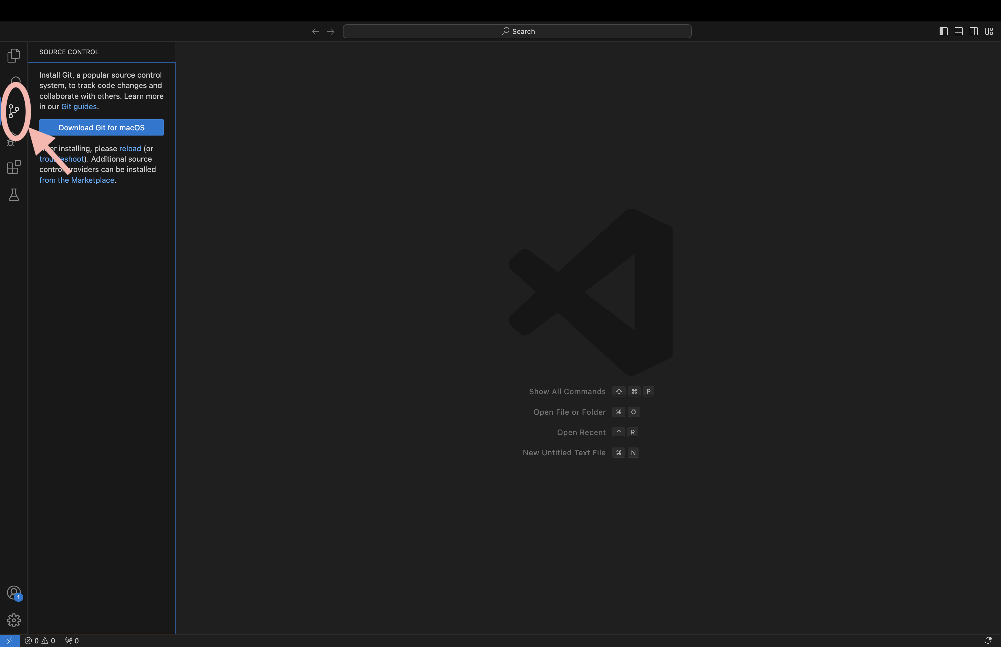 Step 1. Switch to the source control view (if it's not there go to `"View"->"Source Control"`). (If you have files open you will instead see the source control for those files. To add a repo close the files or skip ahead to step 9).