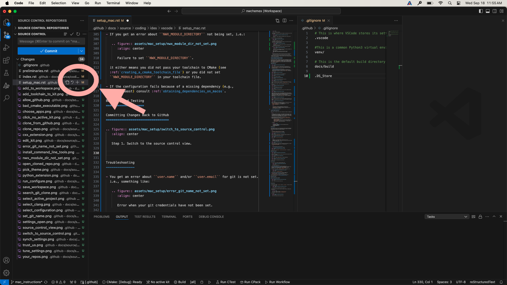 Step 2. (Optional) select the file(s) you want to stage by clicking on the "+" next to the file(s). If you do not stage files VSCode will assume you want to commit all changed files.